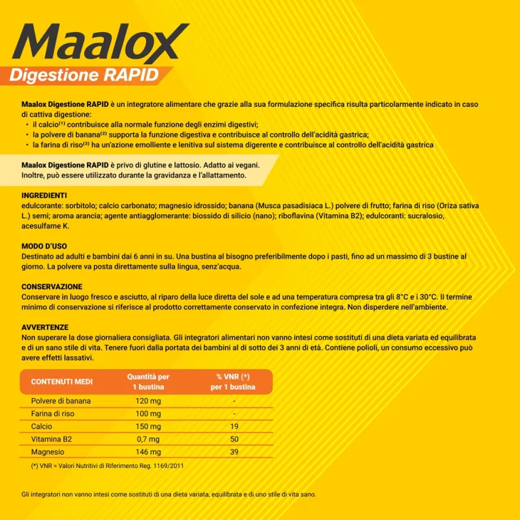 Maalox Digestione Rapid Integratore Cattiva Digestione e Acidità di Stomaco Adulti e Bambini 20 Bustine