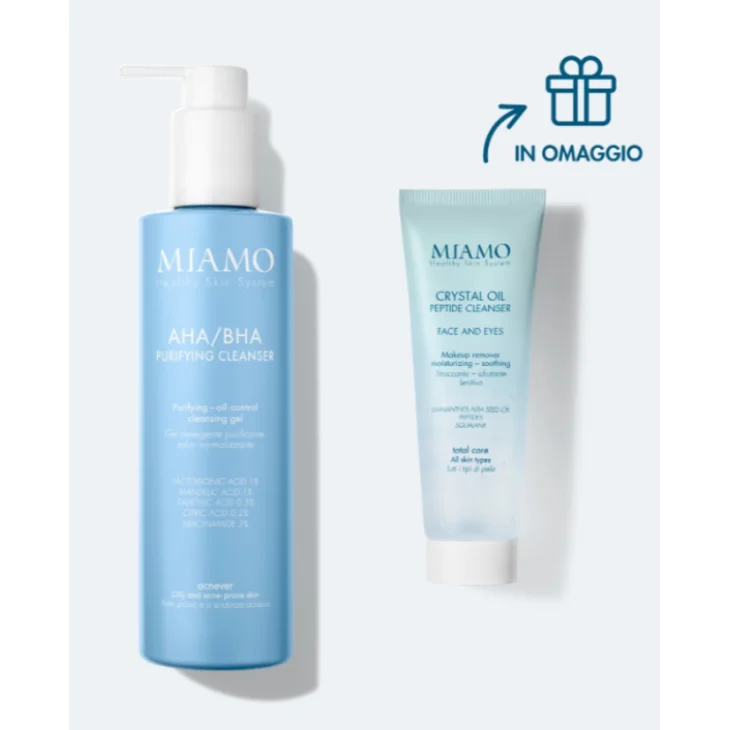 Miamo Protocollo Doppia Detersione Anti Imperfezioni AHA BHA Purifying Cleanser  250 ml e Mini Crystal Oil 50 ml