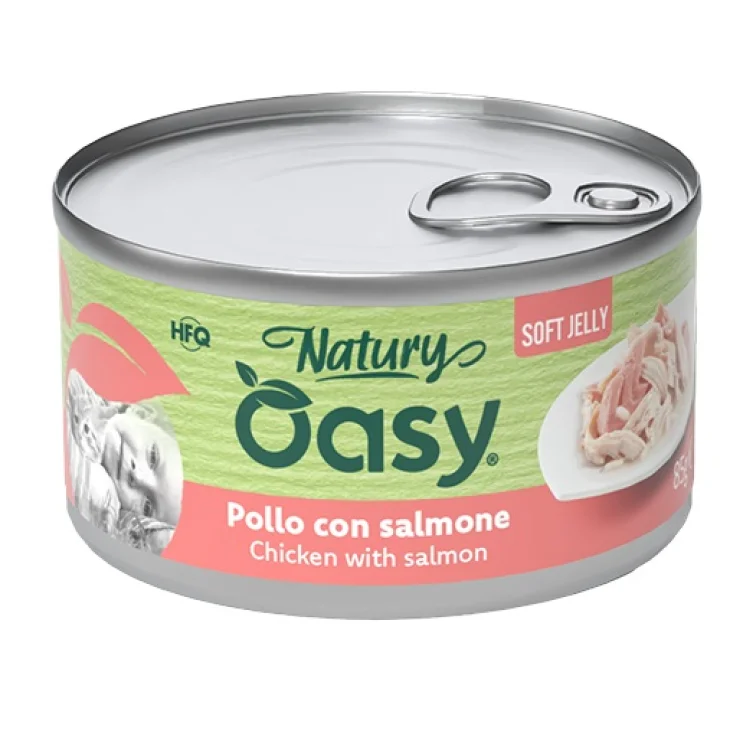 OASY WET CAT NATURY SOFT JELLY POLLO CON SALMONE LATTINA 85G
