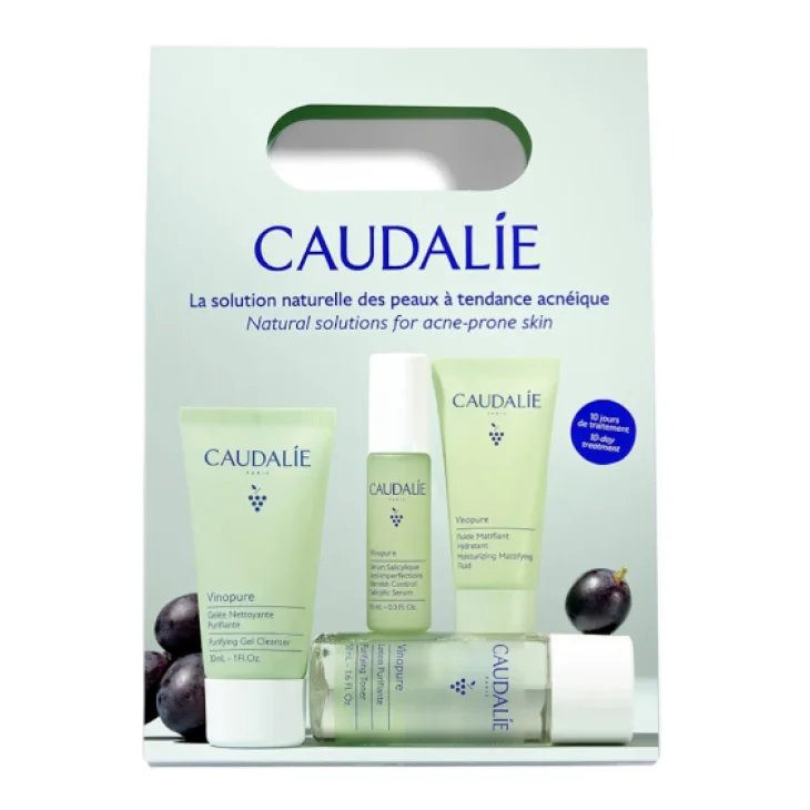 Caudalie Vinopure Routine Anti-imperfezioni 4 Pezzi Detergente Purificante 30 ml 1 Lozione Purificante 50 ml 1 Siero Salicilico Anti Imperfezioni 1 Fluido Idratante 15 ml