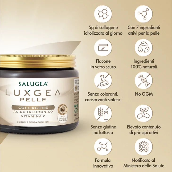 Salugea Luxgea Pelle Integratore 100% naturale con Collagene e Acido ialuronico 130 grammi