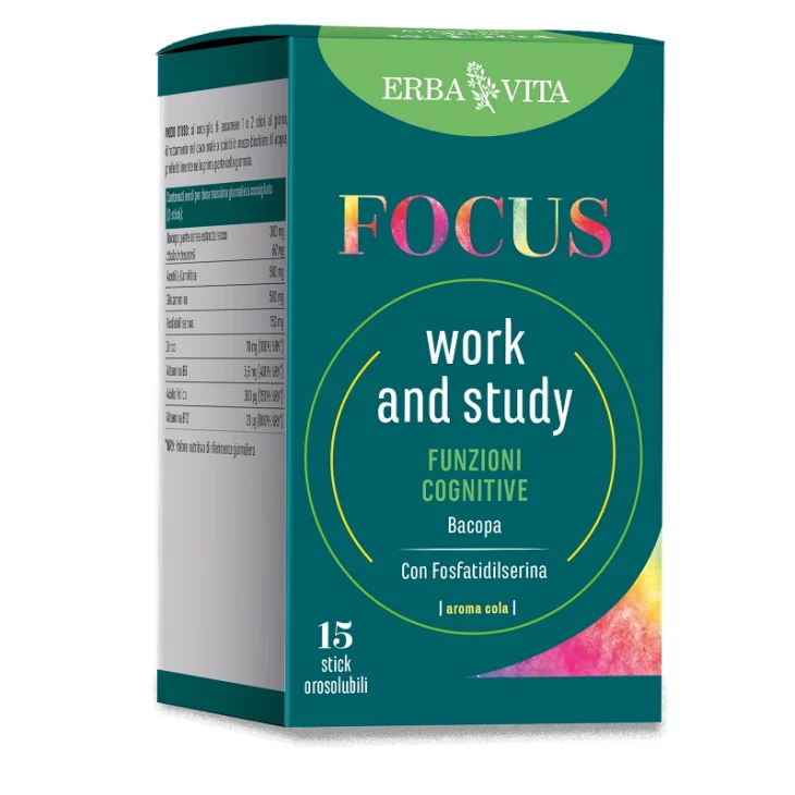 Erba Vita Focus Work and Study Integratore per le Funzioni Cognitive 15 stick orosolubili da 3 g