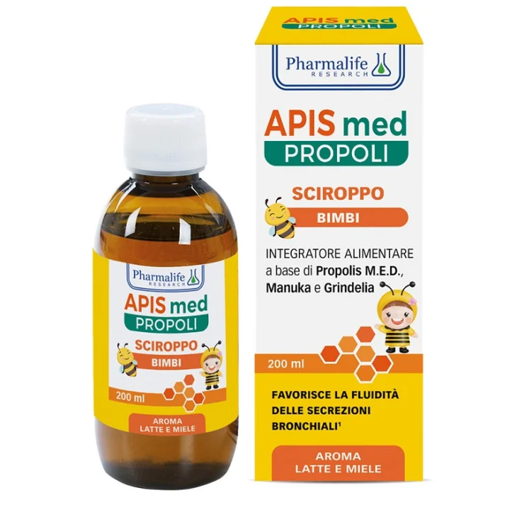 Pharmalife Research Apis Med Propoli Sciroppo Bimbi Favorisce Secrezioni Bronchiali Gusto Latte e Miele 200 ml