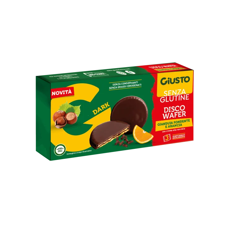 Giusto Senza Glutine Disco Wafer Snack Gusto Cioccolato Gianduia Fondente e Arancia 3 X 24 g Giusto Senza Glutine Disco Wafer Snack Gusto Cioccolato Gianduia Fondente e Arancia 3 X 24 g