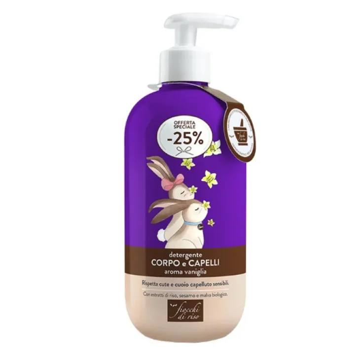 Fiocchi di Riso Detergente Capelli e Corpo per Pelle e Capelli Sensibili Aroma Vaniglia Flacone 400 ml
