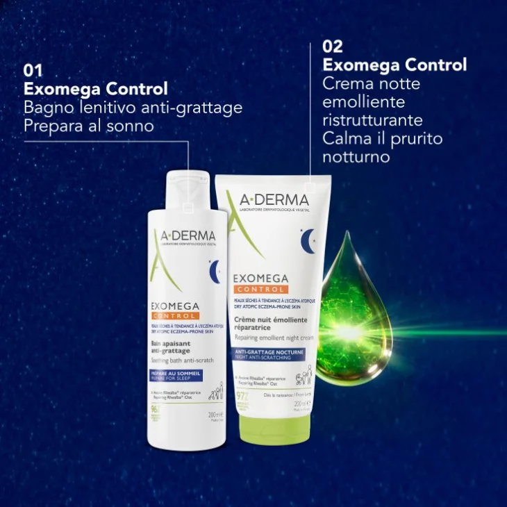 A-Derma Exomega Control Crema Notte Emolliente Ristrutturante 200 ml + Bagno Lenitivo Anti-Grattage 200 ml