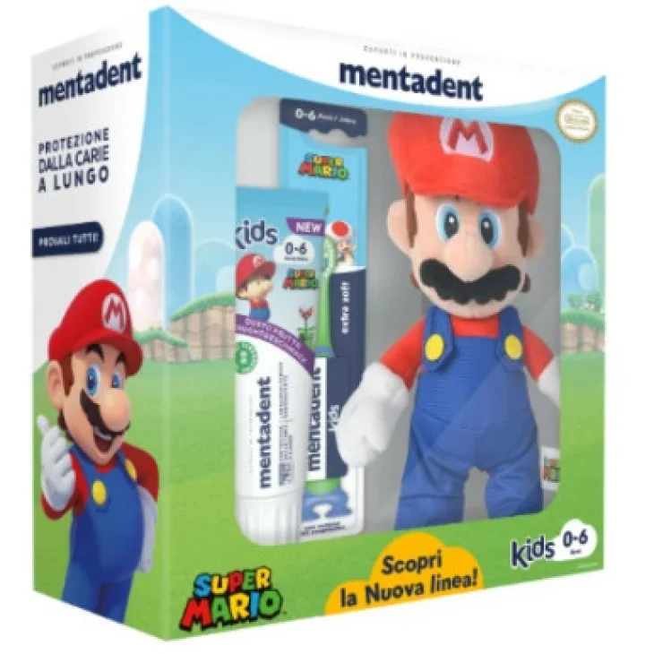 Mentadent Kit Nintendo Mario Igiene Orale Junior Spazzolino Dentifricio Pupazzo Mentadent Kit Nintendo Mario Igiene Orale Junior Spazzolino Dentifricio Pupazzo