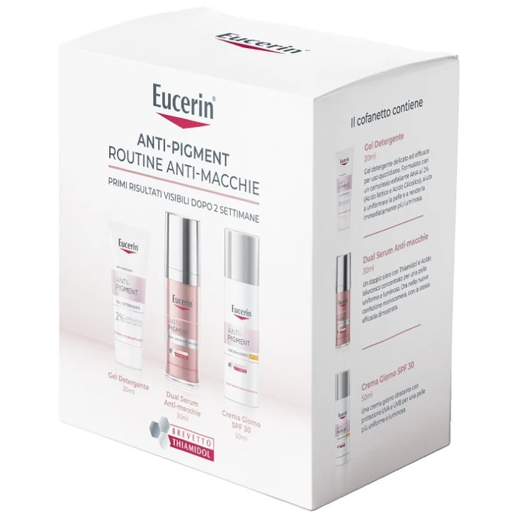 Eucerin Anti-Pigment Routine Antimacchie Dual Serum 30 ml + Crema Giorno SPF30 50 ml + Gel Detergente 20 ml Eucerin Anti-Pigment Routine Antimacchie Dual Serum 30 ml + Crema Giorno SPF30 50 ml + Gel Detergente 20 ml