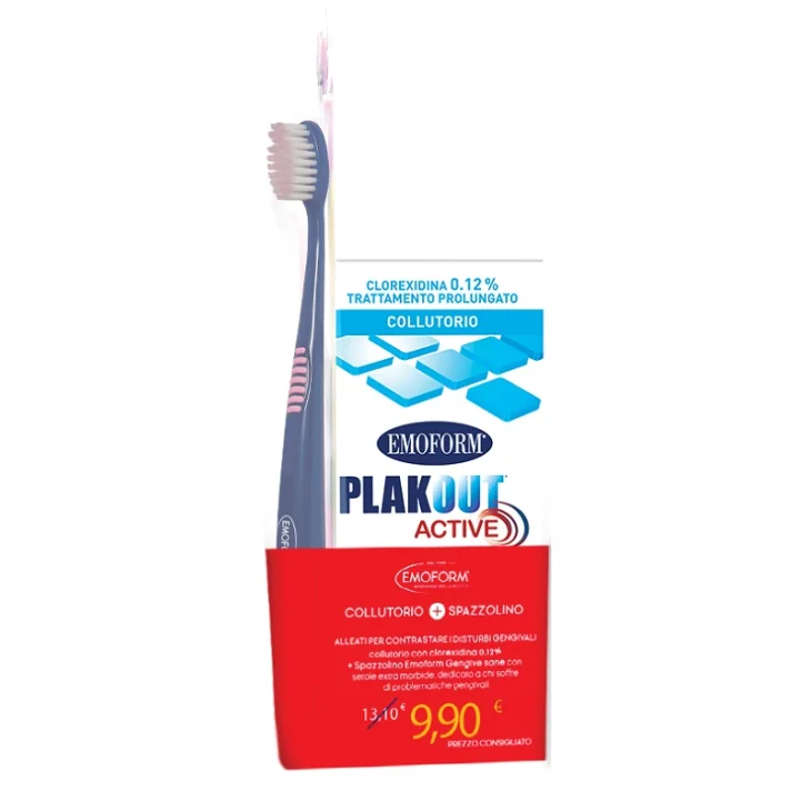 Emoform Plak Out Active kit per Igiene Orale Collutorio 0,12% Clorexidina 200 ml + Emoform Gengive Sane Spazzolino