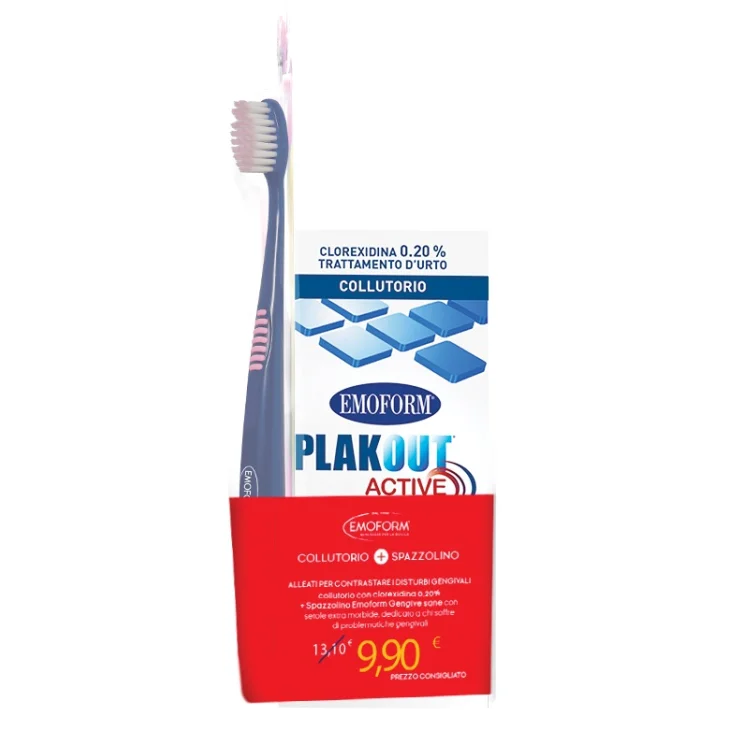 Emoform Plak Out Active Kit per Igiene Orale Colluttorio 0,20% Clorexidina con Collutorio 200 ml + Emoform Gengive Sane Spazzolino