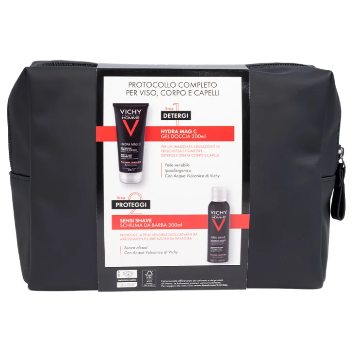 Vichy Pochette Regalo Uomo Hydra Mag C Gel Doccia 200 ml + Sensi Shave Schiuma da Barba 200 ml