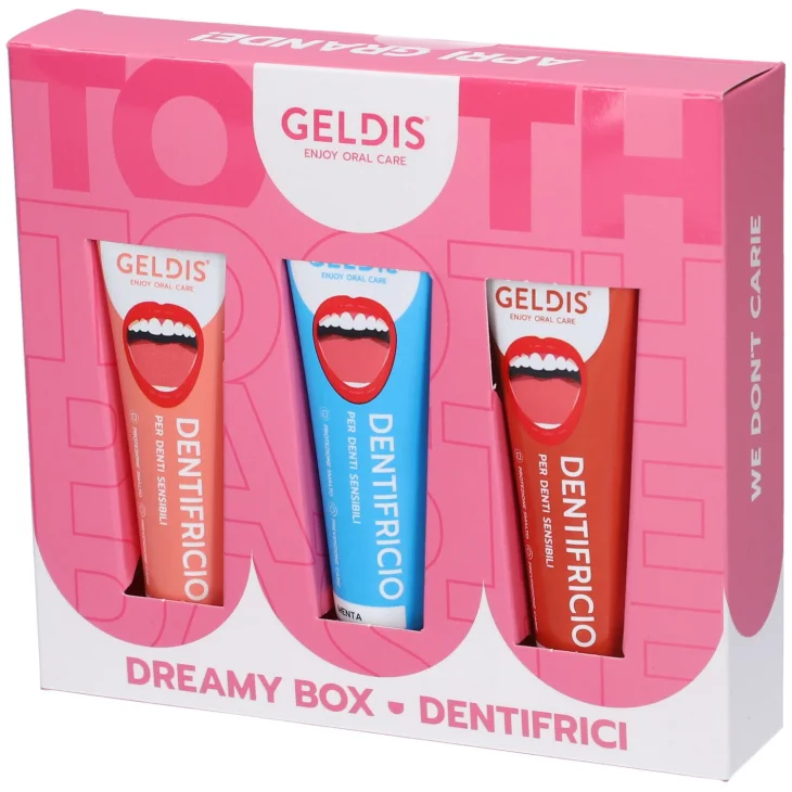 Geldis Dreamy Box 3 Pezzi Dentifricio Cannella 30 ml + Dentifricio Menta 30 ml + Dentifricio Pesca 30 ml