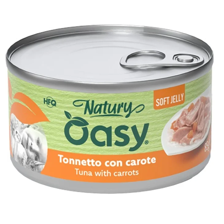 Oasy Wet Cat Natury Soft Jelly Cibo Umido per Gatti Gusto Tonnetto con Carote Lattina da 150 g