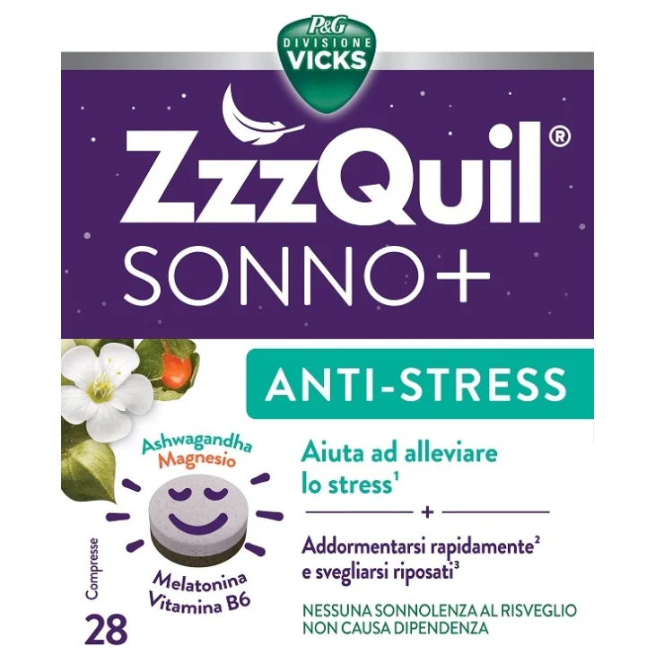 Vicks ZzzQuil Sonno + Anti Stress Integratore Alimentare 28 Compresse