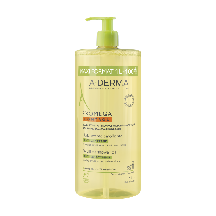 A-Derma Exomega Control Olio Detergente Emolliente &ldquo;anti-grattage&rdquo;, Nutriente Lenitivo, Pelle secca a tendenza atopica, viso e corpo di tutta la famiglia, 1l