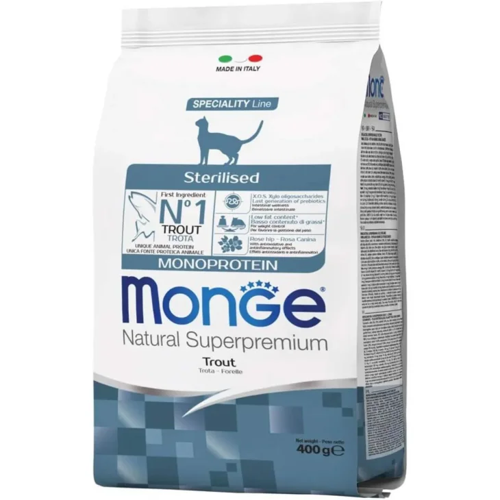 Monge Natural Superpremium Sterilised Monoprotein Crocchette Gusto Trota Per Gatti Adulti Sterilizzati  400 G