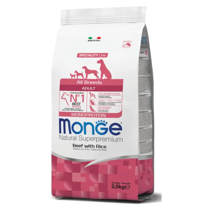 Monge All Breeds Adult Monoprotein Cibo Secco Per Cani Con Manzo e Riso 2,5 Kg