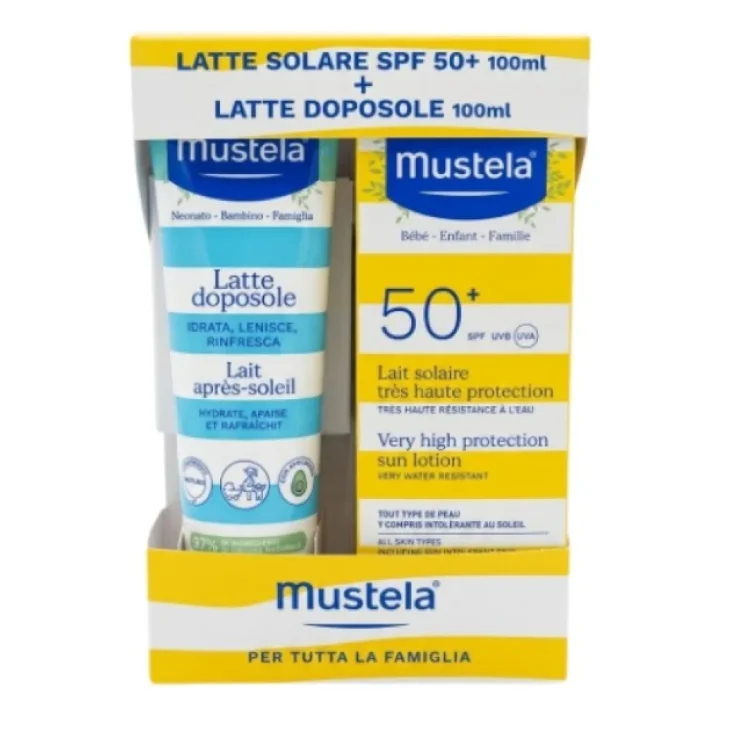 Mustela Latte Solare SPF 50+ Protezione Molto Alta + Latte Doposole Idrata Lenisce Rinfresca Pelle Neonati Bambini Famiglia 100 ml + 100 ml