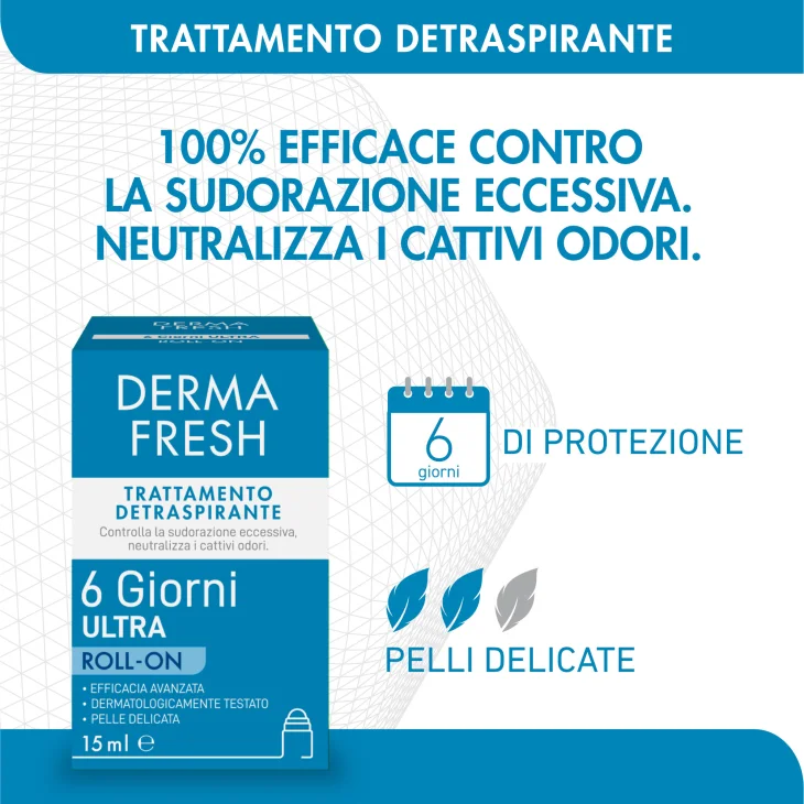 Dermafresh 6 Giorni Roll-On Trattamento Detraspirante per Controllare il Sudore Eccessivo 15 ml