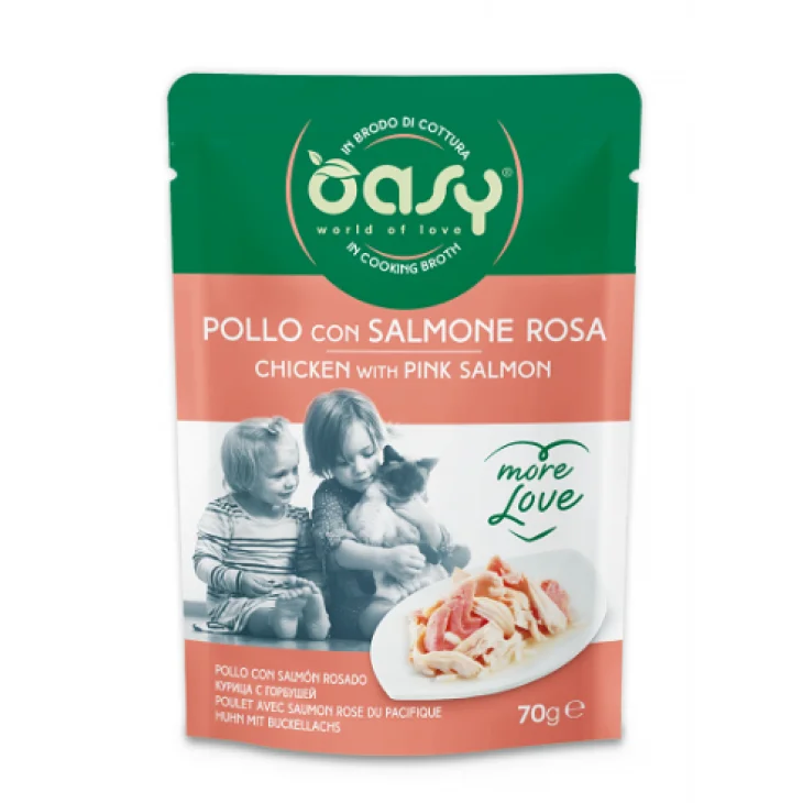 Oasy Wet Cat More Love Pollo Con Salmone Rosa Alimento Umido per gatti 70 g