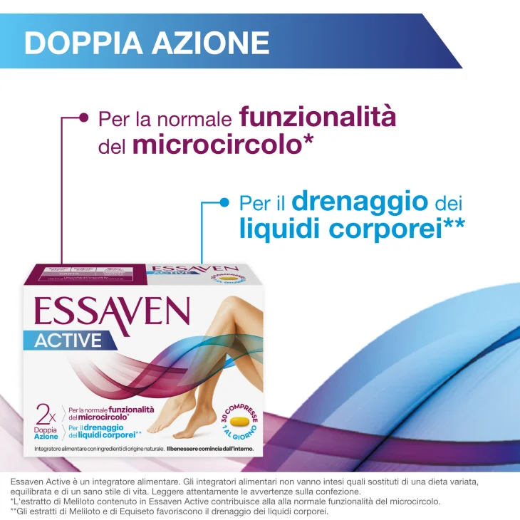 Essaven Active Integratore Alimentare per la Funzionalit&agrave; del Microcircolo e il Drenaggio dei Liquidi Corporei 30 Compresse Rivestite