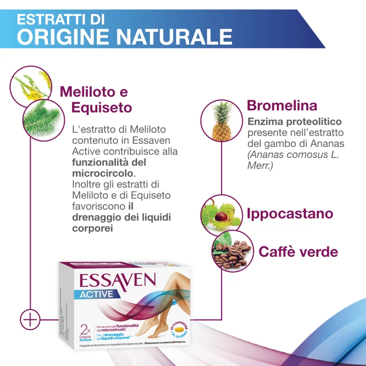 Essaven Active Integratore Alimentare per la Funzionalit&agrave; del Microcircolo e il Drenaggio dei Liquidi Corporei 30 Compresse Rivestite