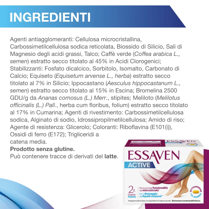 Essaven Active Integratore Alimentare per la Funzionalit&agrave; del Microcircolo e il Drenaggio dei Liquidi Corporei 30 Compresse Rivestite