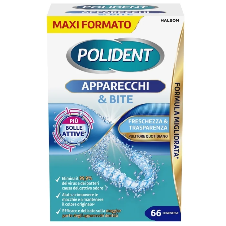 Polident Apparecchi & Bite Pulitore Quotidiano per l'Igiene di Apparecchi e Bite 66 Compresse Effervescenti