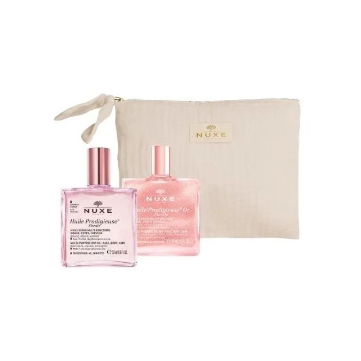 Nuxe Iconic Duo Pochette con Huile Prodigieuse Multi-Funzione Florale 50 ml + Florale Or 50 ml per Viso Corpo e Capelli
