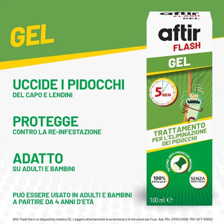 Aftir Flash Gel Antipidocchi con Pettine - Elimina Pidocchi e Lendini 100 ml