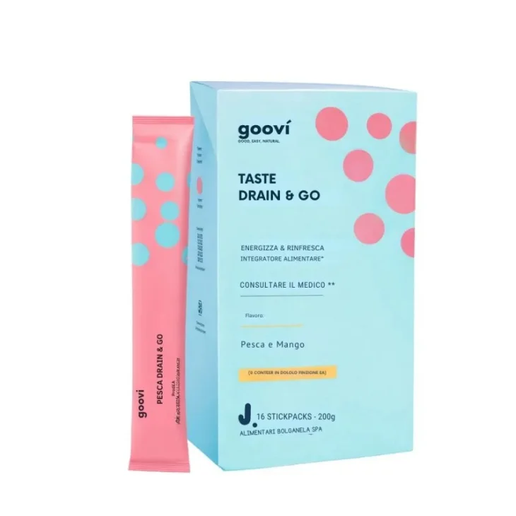 Goovi Taste Drain e Go Integratore Drenante ed Energizzante Gusto Pesca e Mango Scatola 16 Stick