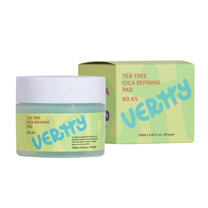 Vertty Tea Tree Cica Refining Pad Dischetti Tonici Viso Esfolianti Idratanti con Azione Lenitiva Anti-Rossori 100% Cotone Vegan 50 Dischetti 130 ml