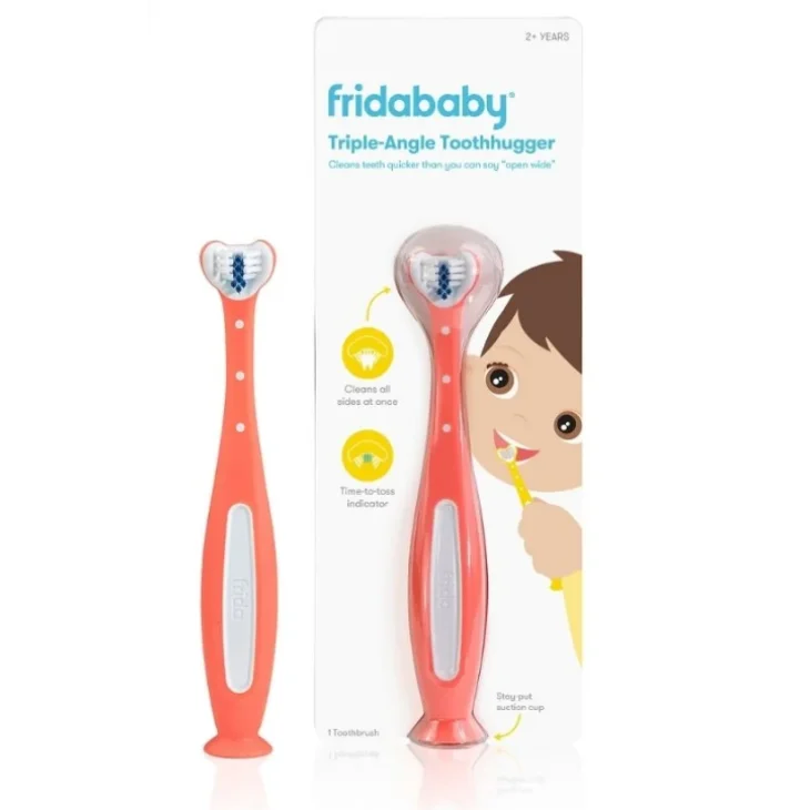 Frida Baby ToothHugger Spazzolino Triangolare Rosa per Bambini dai 2 Anni per l'Igiene Orale 1 Spazzolino