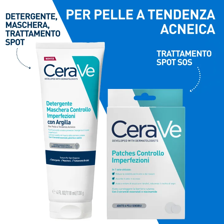 CeraVe Maschera Detergente Controllo Imperfezioni, per pelle a tendenza acneica, con 3 ceramidi essenziali, acido salicilico, glicerina e caolino 118ml