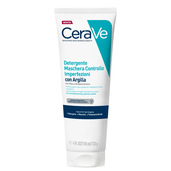 CeraVe Maschera Detergente Controllo Imperfezioni, per pelle a tendenza acneica, con 3 ceramidi essenziali, acido salicilico, glicerina e caolino 118ml