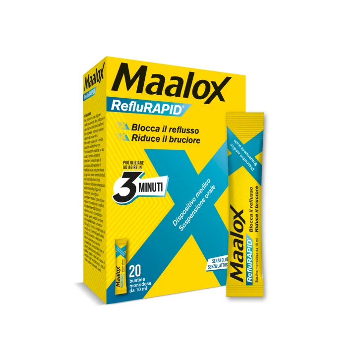 Maalox Reflurapid - Sospensione orale contro il reflusso e il bruciore, 20 bustine da 10 ml Maalox Reflurapid - Sospensione orale contro il reflusso e il bruciore, 20 bustine da 10 ml