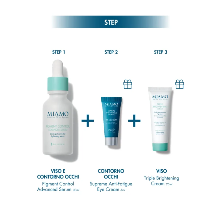Miamo Protocollo Schiarente Avanzato&Globale Pigment Control Siero 30ml + Supreme Anti-fatigue contorno occhi 5ml + Triple Brightening cream anti-macchie 25ml