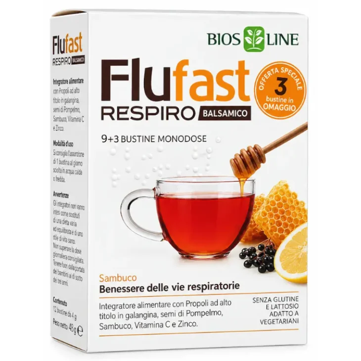 Bios Line Flufast Respiro Balsamico Integratore per il Benessere delle Vie Respiratorie 12 Bustine da 2 g
