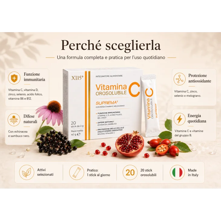 X115 Vitamina C Suprema 2 Integratore per Supporto alle Difese Immunitarie 20 Stick da 2 g