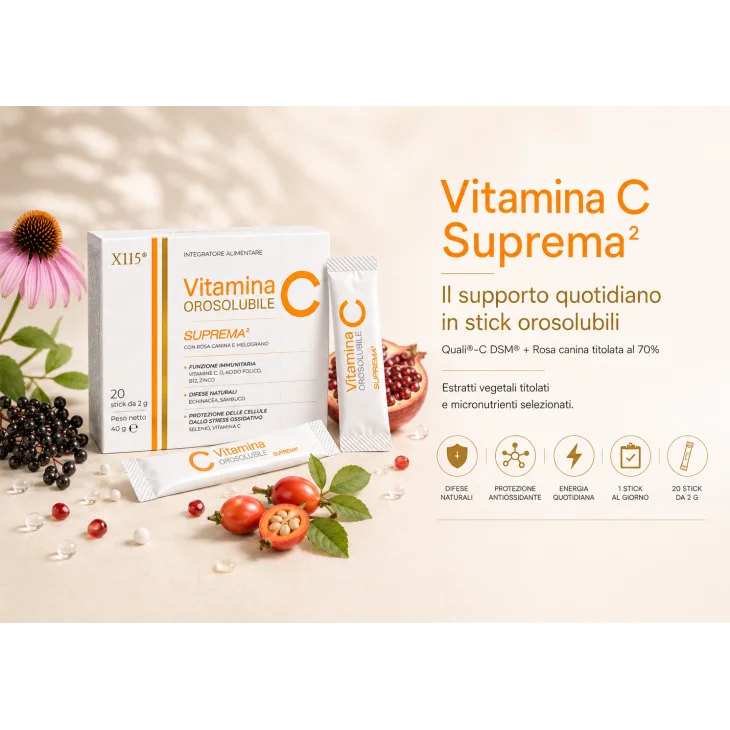 X115 Vitamina C Suprema 2 Integratore per Supporto alle Difese Immunitarie 20 Stick da 2 g