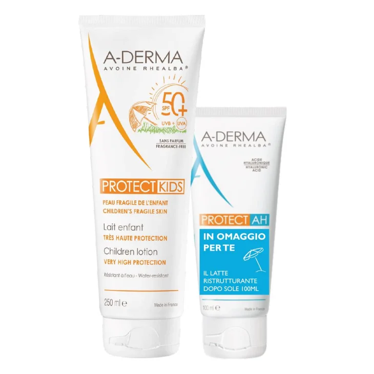 A-Derma KIT Solare Protect KIDS Latte Bambino SPF50+ 250ml + Protect AH Latte Ristrutturante Doposole Idratante 100ml