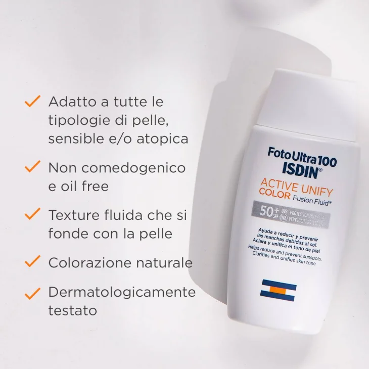 Isdin FotoUltra100 Active Unify COLOR Fusion Fluid Crema per Macchie sulla Pelle SPF 50+ SPF Reale 100+