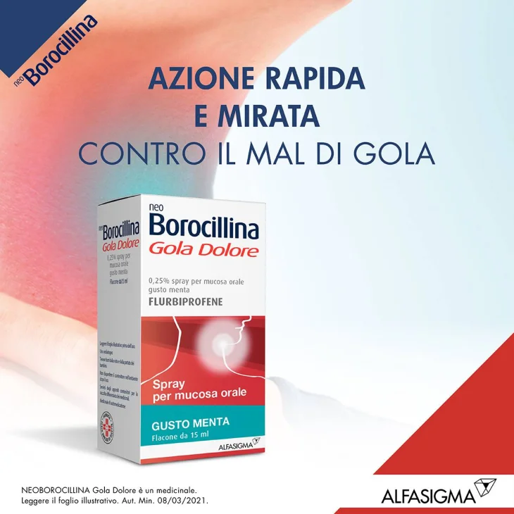 Neoborocillina Gola Dolore 37,5 mg - Flaconcino spray 15 ml - Gusto: menta - Gusto: menta
