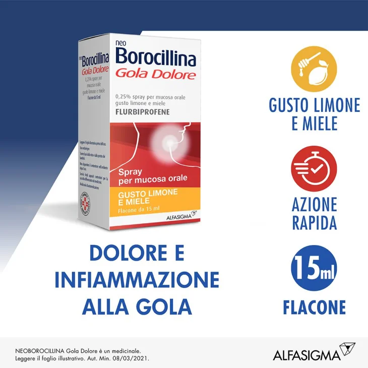 Neoborocillina Gola Dolore 37,5 mg - Flaconcino spray 15 ml - Gusto: menta - Gusto: menta