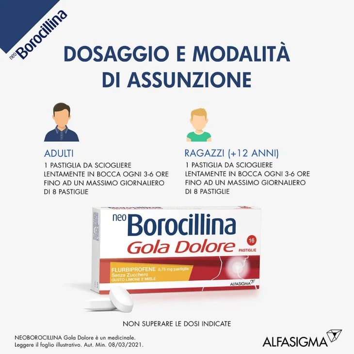 Neoborocillina Gola Dolore 8,75 mg - 16 pastiglie senza zucchero - Gusto: Miele e Limone