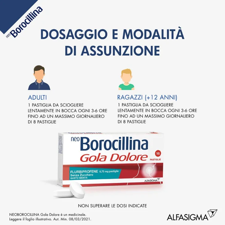 Neoborocillina Gola Dolore 8,75 mg - 16 pastiglie senza zucchero - Gusto: Miele e Limone