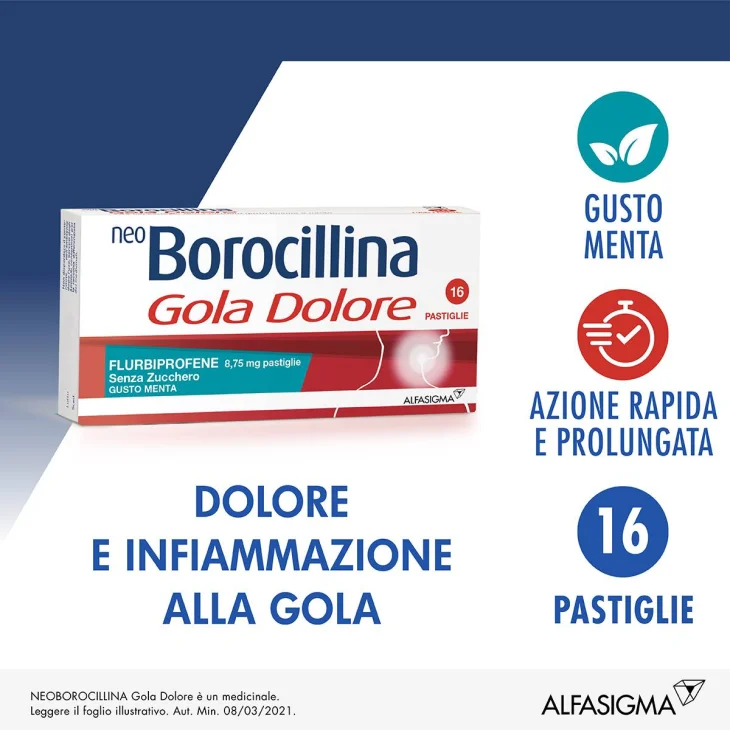 Neoborocillina Gola Dolore 8,75 mg - 16 pastiglie senza zucchero - Gusto: Miele e Limone