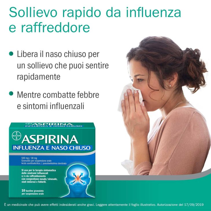 Aspirina 500 mg + 30 mg Influenza e Naso Chiuso 10 Bustine Granulato