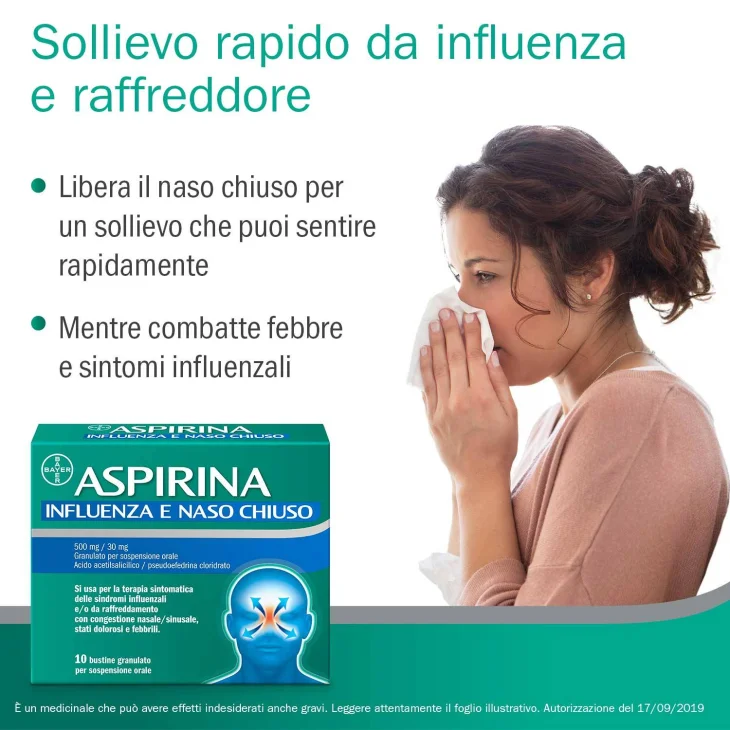 Aspirina 500 mg + 30 mg Influenza e Naso Chiuso 10 Bustine Granulato