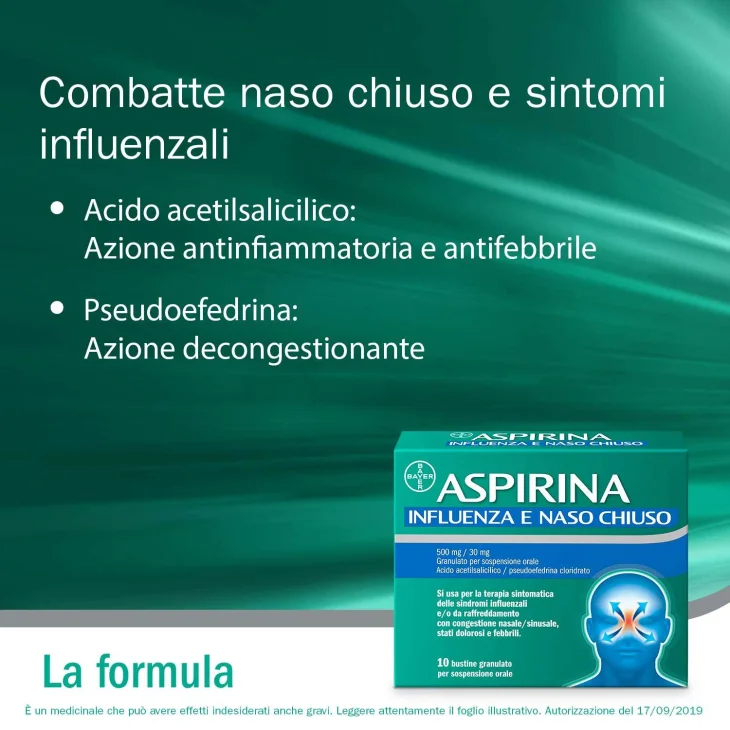 Aspirina 500 mg + 30 mg Influenza e Naso Chiuso 10 Bustine Granulato